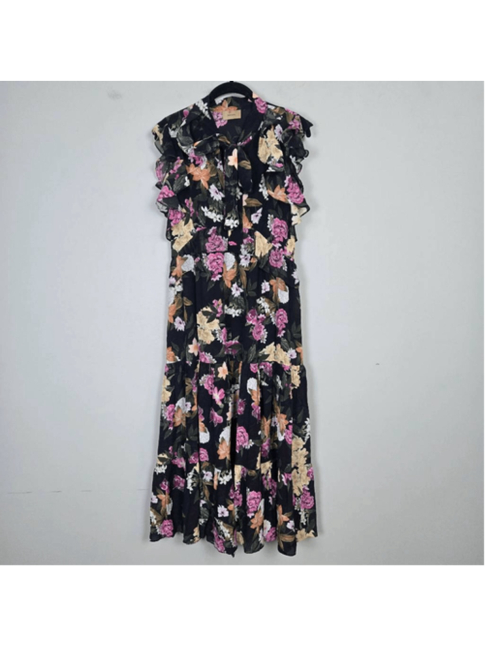 Kachel Womens Ruffle Silk Floral Midi Dress Size 8 Black Tiered Fairy Romantic - Picture 2 of 9